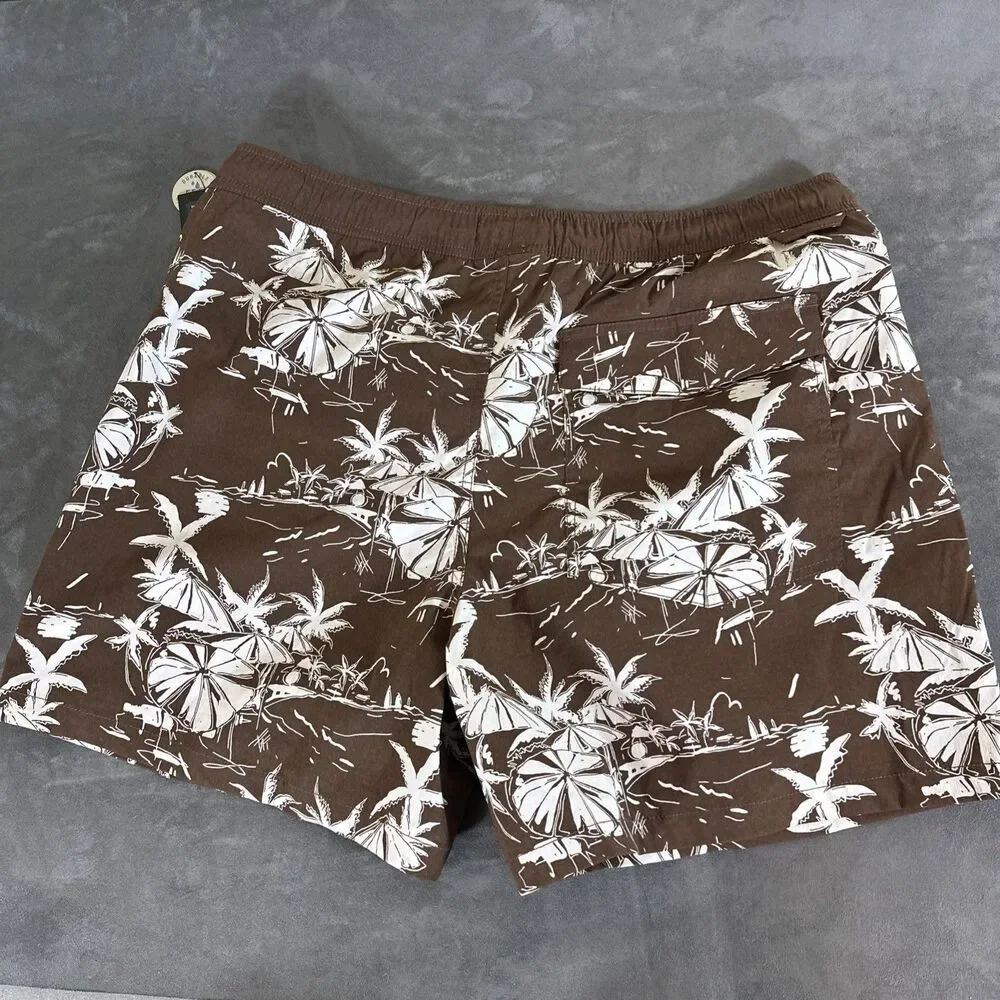 NWT Brixton Brown Stretch Swim Shorts Trunks Tropical Umbrellas Mesh Pockets